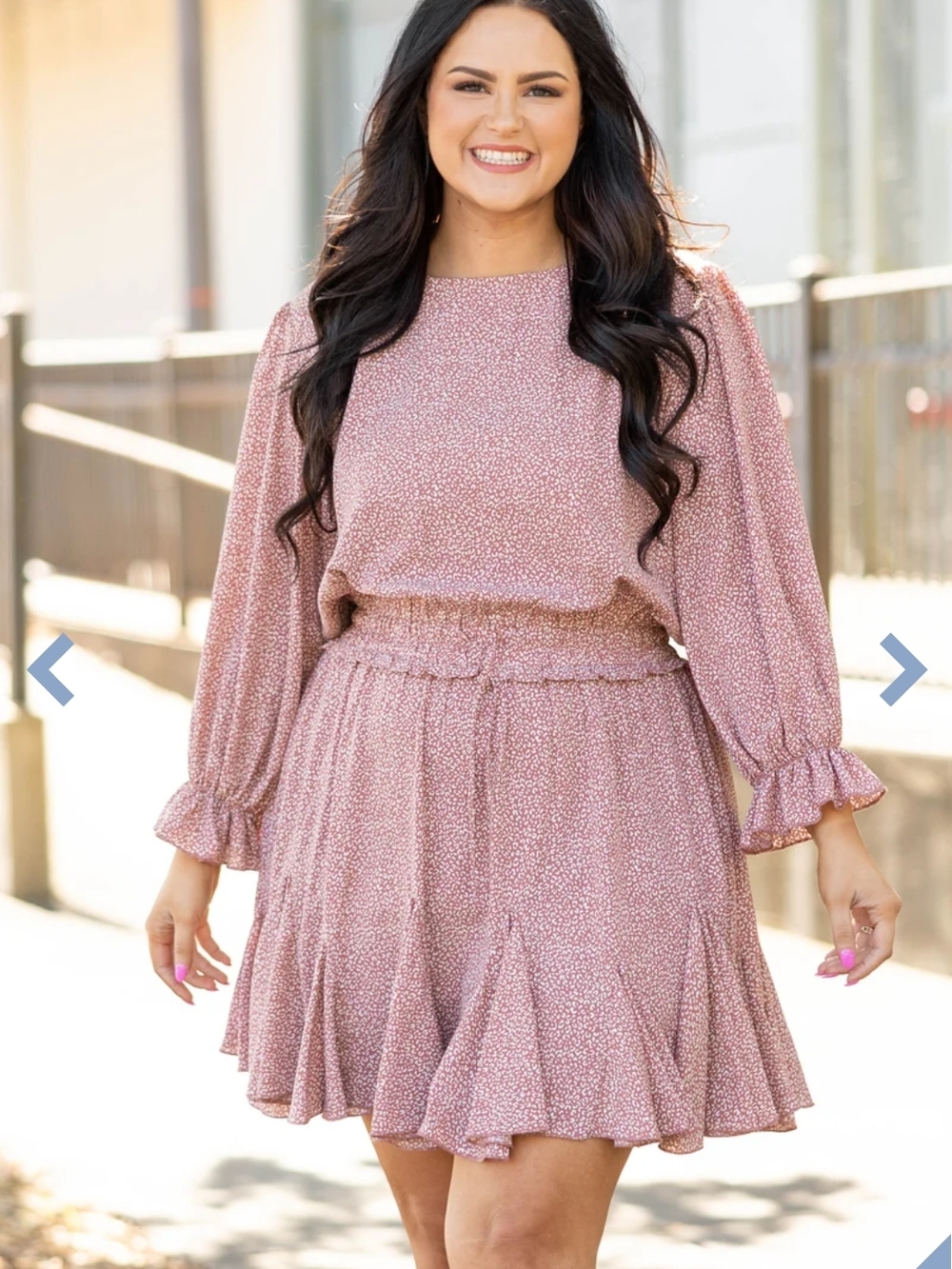 JODIFL Dusty Mauve Printed Smocked Waist Ruffle Mini Dress